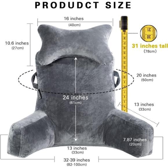 Extra Large 31" Bed Rest Pillow with Detachable Neck Roll & Arms - For Reading - Picture 6 of 7